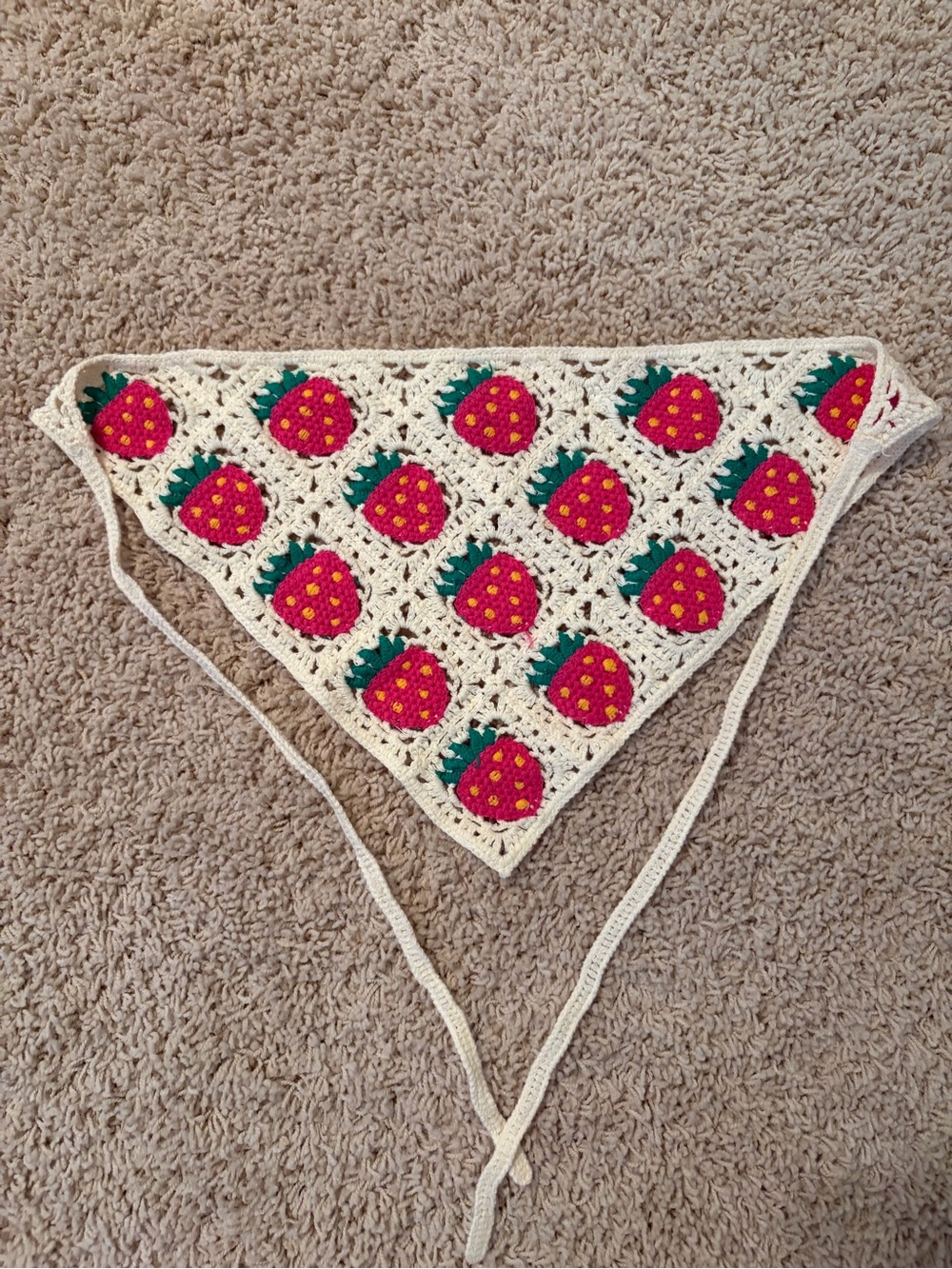 Handmade Crochet Strawberry Bandana Scarf - Cream, Pink & Green